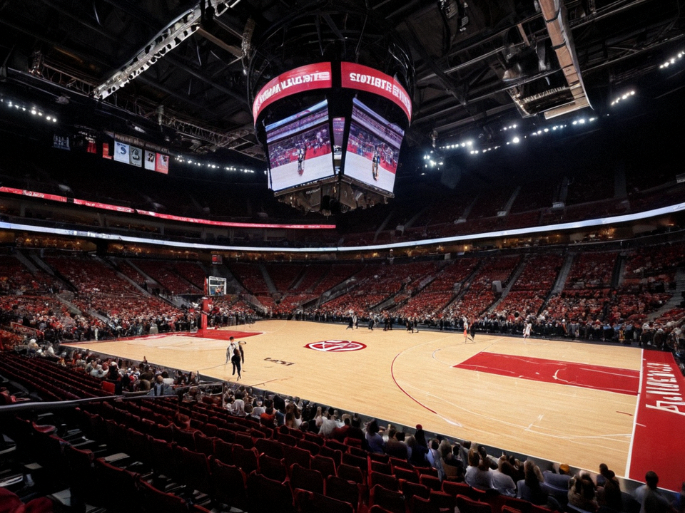 NBA球馆灯光下的篮球比赛现场全景